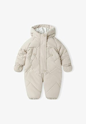Padded beige snowsuit with a hood, featuring a front button closure, two front pockets, and elasticated cuffs for warmth and comfort.