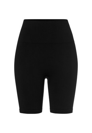 Černé žebrované cyklistické kraťasy s vysokým pasem, s hladkým povrchem a střihem ke kolenům. Bez viditelných vzorů či kovových detailů.