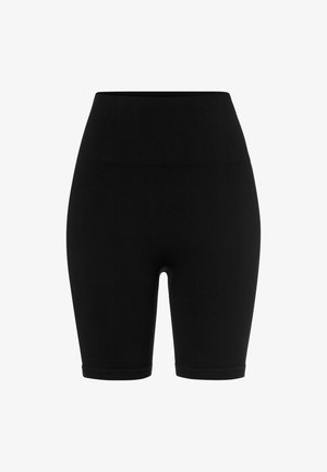 Černé žebrované cyklistické kraťasy s vysokým pasem, s hladkým povrchem a střihem ke kolenům. Bez viditelných vzorů či kovových detailů.