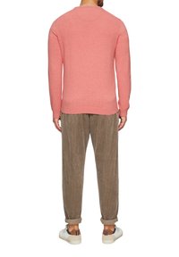 Roza pulover z okroglim izrezom, s prilegajočimi rokavi in spodnjim robom. V kombinaciji z rjavimi kordnimi hlačami, ki imajo sproščen kroj in zavihane rokave.