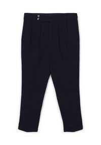 Marineblaue, gefaltete Hose aus strukturiertem Stoff, mit zwei silbernen Knöpfen an der Taille und schmal zulaufenden Beinen mit umgeschlagenen Säumen.