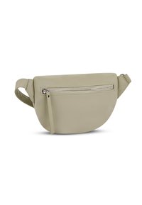 Borsa in pelle beige a vita con tasca frontale con zip e tracolla regolabile, mostrata su sfondo bianco.