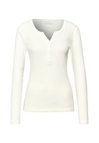 Wit lange mouw henley shirt met een ronde hals, geribbelde textuur en een knopenlijst met vijf knopen. Gladde stof, aansluitende pasvorm.