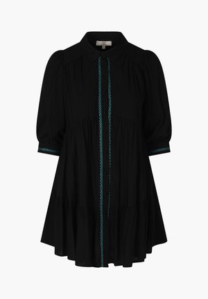 Black dress with a collar, short puffed sleeves, and a button-down front. Features a turquoise zigzag pattern along the placket. Loose fit design.
