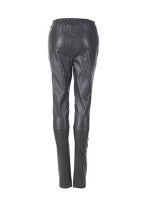 Zwarte leren legging met een gladde textuur, elastische tailleband en aansluitend ontwerp, die taps toeloopt bij de enkels. Geen zichtbare stiksels of zakken.