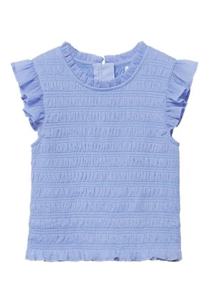 Haut pour tout-petit bleu clair texturé à manches courtes avec manches volantées et col rond avec fermeture par bouton au dos.