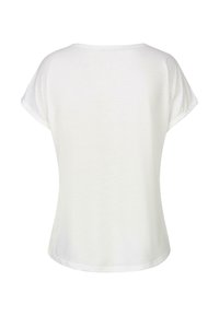 T-shirt blanc à manches courtes, col rond, en coton lisse, coupe décontractée, ourlet légèrement arrondi, design minimaliste sans logos visibles.
