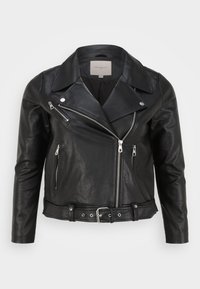Giacca da moto in pelle nera con zip argentate, colletto a punta, tasche frontali con zip e vita con cintura. Finitura testurizzata.