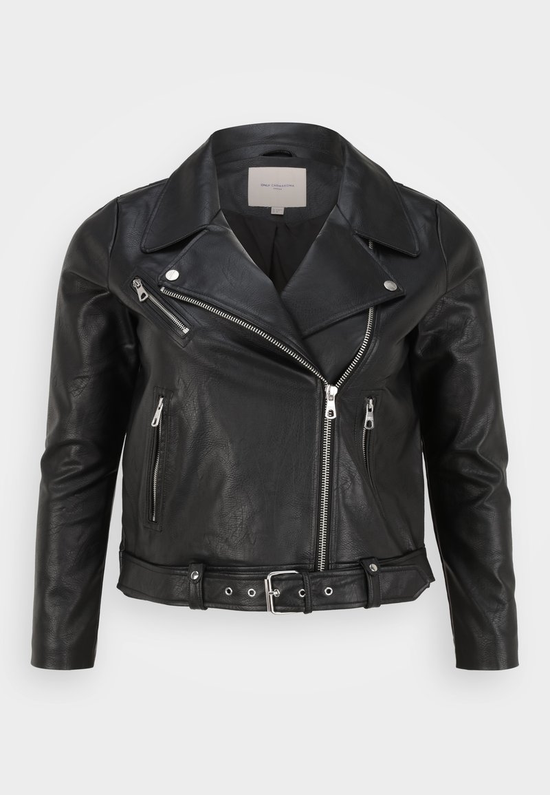 Giacca da moto in pelle nera con zip argentate, colletto a punta, tasche frontali con zip e vita con cintura. Finitura testurizzata.