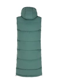 Padded vesta v tlumené modrozelené barvě s kapucí, se horizontálně prošívanými sekcemi a bočními zipy pro pohodlí.