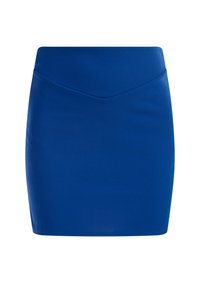 Blauwe mini-jurk met een aansluitend ontwerp, een gladde textuur en een V-vormige voornaad. Gemaakt van rekbaar materiaal voor comfort.