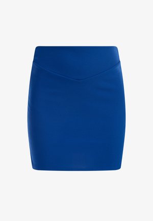 Blue mini skirt featuring a fitted design, smooth texture, and a V-shaped front seam. Made from a stretchable fabric for comfort.