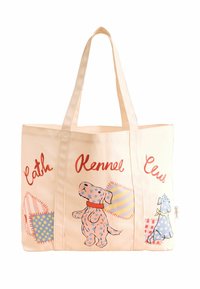 Pfirsichfarbene Canvas-Umhängetasche mit zwei Hundillustrationen, Text: "Cath Kennel Club," akzentuiert mit bunten Mustern und zwei stabilen Griffen.