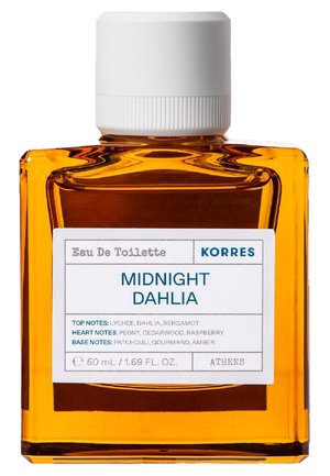 Botella de vidrio ámbar de Korres Midnight Dahlia eau de toilette, 50 ml, con tapa blanca y etiqueta que indica las notas de la fragancia.