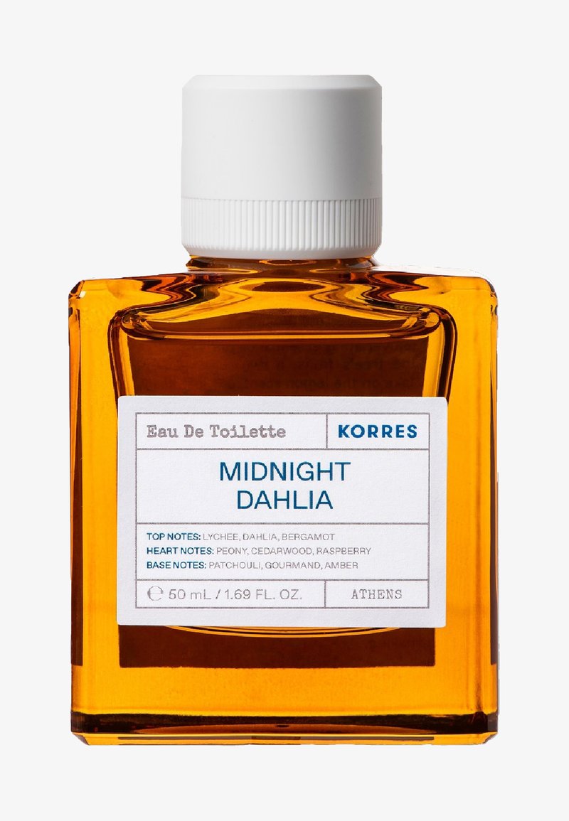 Bursztynowa szklana butelka perfumy woda toaletowa Korres Midnight Dahlia, 50 ml, z białym korkiem i etykietą wymieniającą nuty zapachowe.