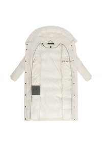 White puffer jacket with a detachable hood, quilted texture, and a zippered pocket inside. Features a logo and care instruction tags.
