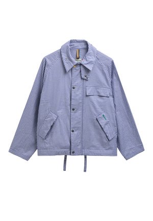 Blau-weiß kariertes kurzes Jackett mit vorderen Druckknöpfen, drei Klappentaschen, Kragen und verstellbaren Kordeln am Saum.