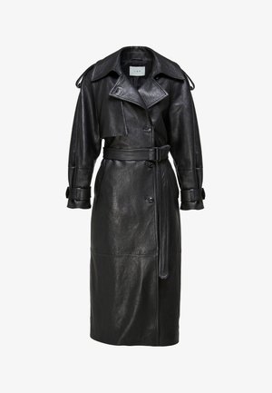 Zwarte leren trenchcoat met brede revers, tailleband, knoopsluiting aan de voorkant, lange mouwen met riemmanchetten en schouderepauletten.