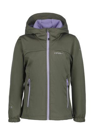Veste softshell vert olive avec fermeture éclair violet clair, capuche doublée, poignets élastiques et deux poches latérales zippées, vue de face.