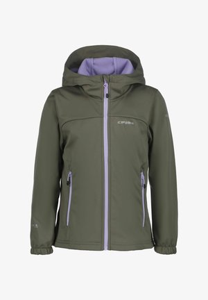 Olivengrøn softshelljakke med lys lilla lynlås, foret hætte, elastiske manchetter og to lynlåslommer i siderne, set forfra.