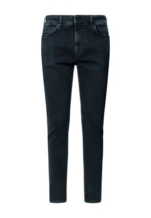 Dark denim jeans feature a slim fit design, exposed front button, and five-pocket styling with a smooth, even texture throughout.