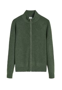 Pull en tricot vert à manches longues, zippé, avec un col haut à côtes et des poignets côtelés, présenté à plat sur un fond blanc.