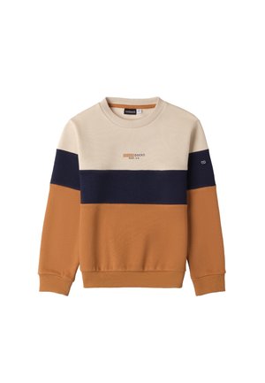 Felpa color block con tonalità beige, blu navy e arancione ruggine. Materiale misto cotone con colletto a girocollo, polsini a costine e dettaglio del logo.