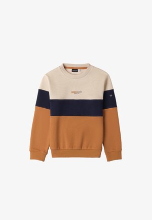 Felpa color block con tonalità beige, blu navy e arancione ruggine. Materiale misto cotone con colletto a girocollo, polsini a costine e dettaglio del logo.