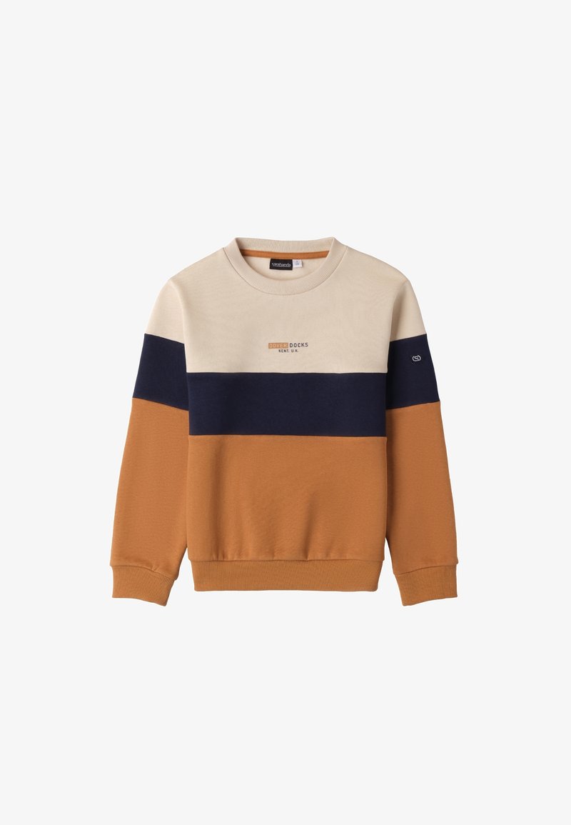 Felpa color block con tonalità beige, blu navy e arancione ruggine. Materiale misto cotone con colletto a girocollo, polsini a costine e dettaglio del logo.