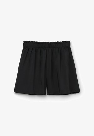 Czarne spodenki wykonane z lekkiego materiału z elastycznym paskiem w talii. Posiadają luźny, zwiewny krój oraz lekko falbaniasty pas.