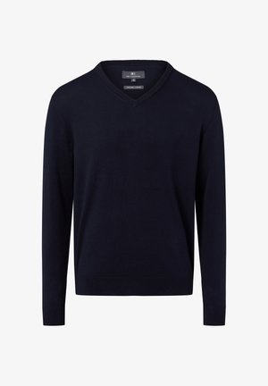 Granatowy sweter z długimi rękawami i dekoltem w serek, z ribbowanymi mankietami i dołem. Wykonany z organicznej bawełny o gładkiej fakturze. Klasyczny krój.