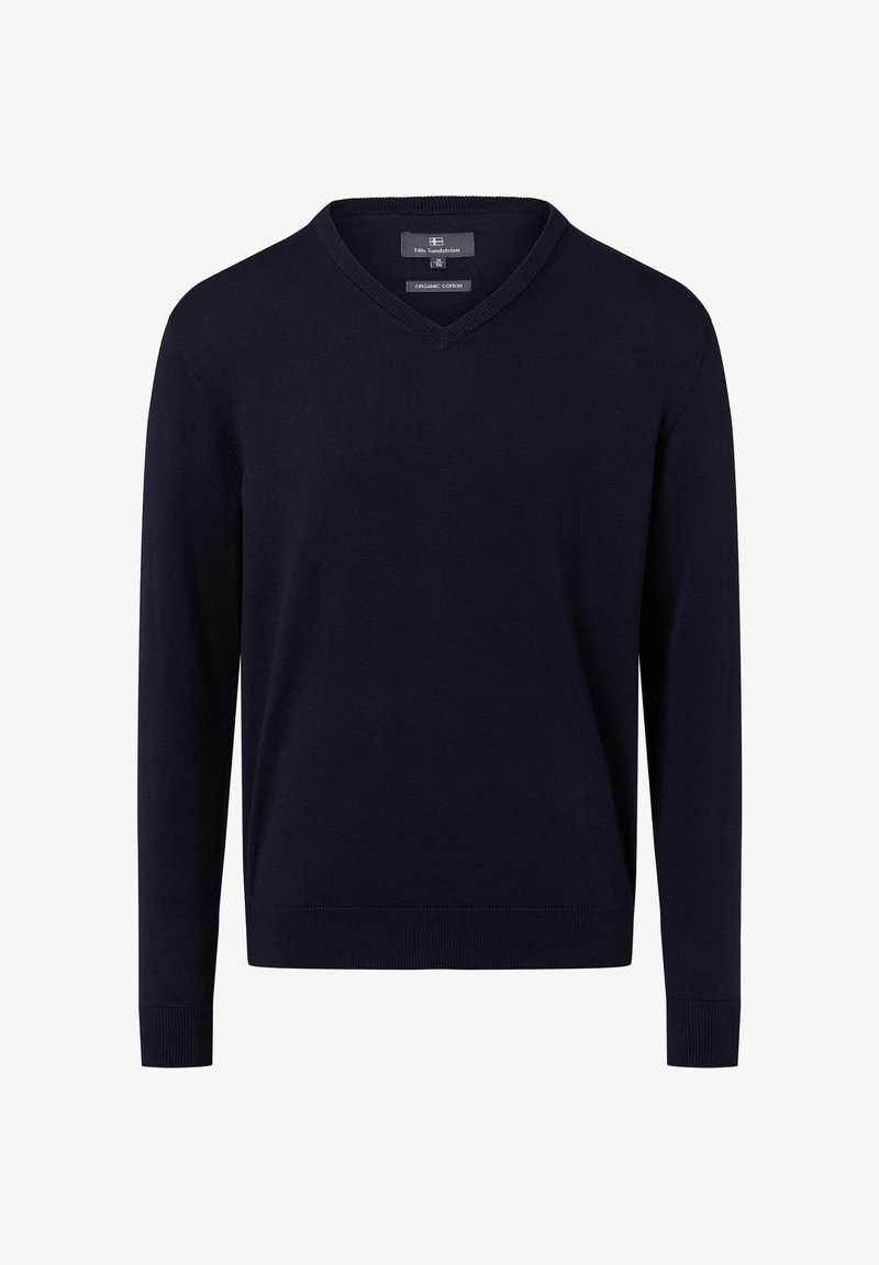 Marineblauer, langärmeliges V-Ausschnitt-Pullover mit gerippten Bündchen und Saum. Hergestellt aus Bio-Baumwolle mit einem glatten Textur. Klassisches Schnittdesign.