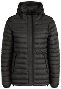 Czarna kurtka puchowa z kapturem, pikowana, z dwiema zapinanymi na zamek kieszeniami po bokach oraz elastycznymi mankietami. Wykonana z błyszczącego, lekkiego materiału.