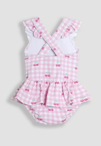 Rosa Gingham-Bikini mit Kirschmuster, Rüschen-Trägern und ausgestellt Rock. Hergestellt aus leichtem, elastischem Material.