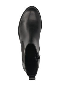 Schwarze Leder-Chelsea-Boots mit runder Zehenform, elastischen Seitenpanelen, Reißverschluss auf der Innenseite und einer Zuglasche hinten.