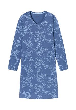 Blue dress with long sleeves and a V-neck, featuring a white floral outline pattern. Made of soft fabric with a relaxed fit.
