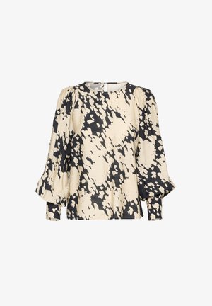 Loev, kreemivärvi pluus musta abstraktse mustriga. Omab puffitatud pikke varrukaid ja ümarat kaelust. Tekstureeritud kangas kerge läikedega.