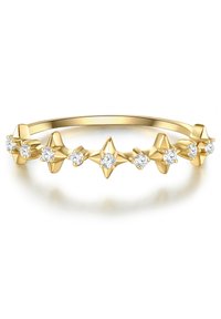 Zelts gredzens ar zvaigžņu formas akcentiem, rotāts ar caurspīdīgiem dārgakmeņiem. Gluda metāla apdare ar spīdīgu izskatu.