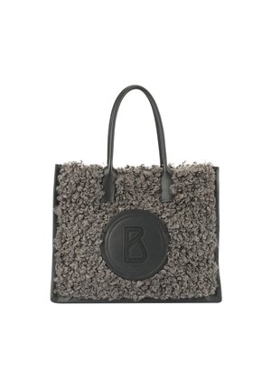 Black leather tote bag with textured grey curly fabric on the front. Features rounded logo patch with embossed letter "B." Double handles.