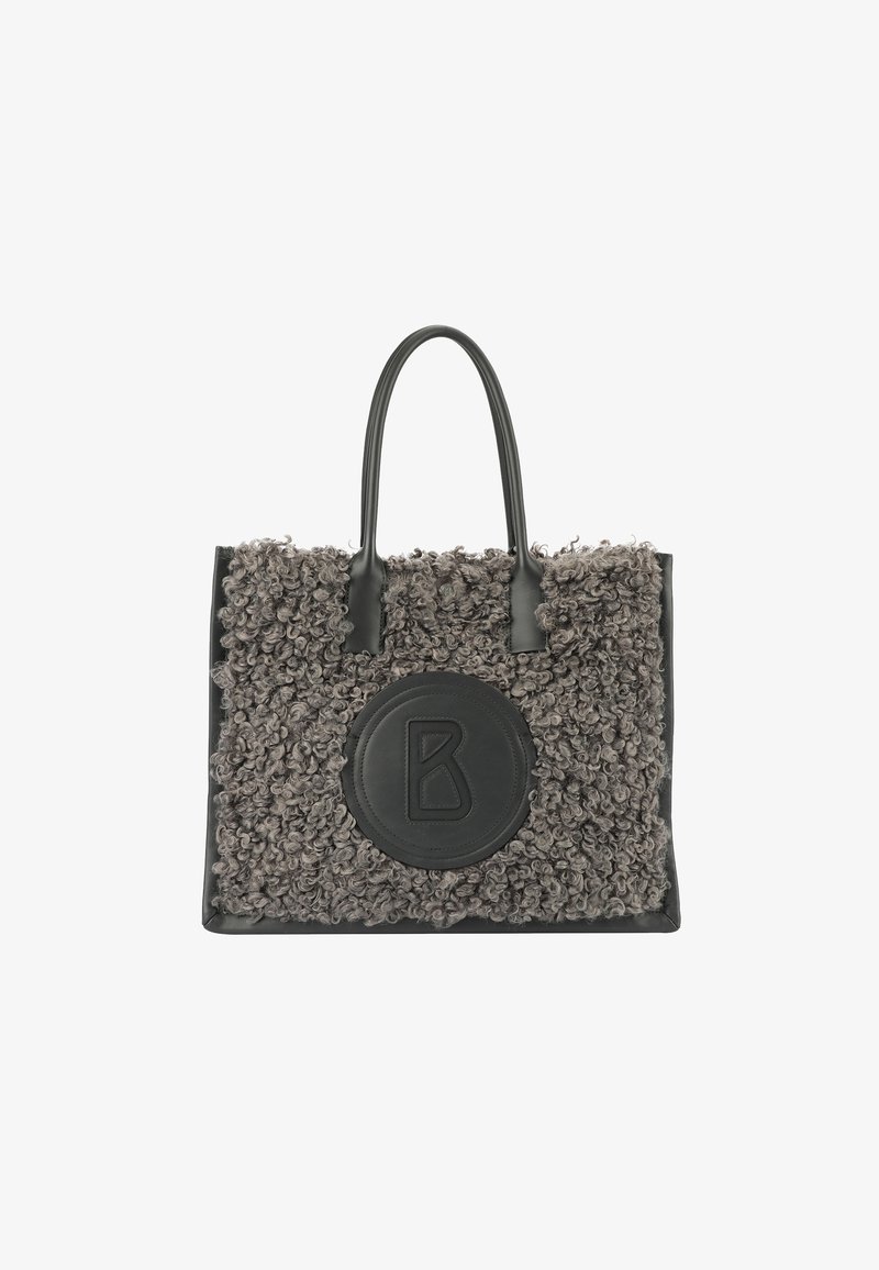 Sac fourre-tout en cuir noir avec un tissu bouclé gris texturé à l'avant. Présente un patch de logo arrondi avec la lettre "B" en relief. Poignées doubles.