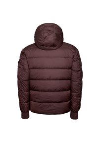Bordo puffa jakna s kapuljačom. Ima quilted dizajn, rebraste manžetne i glatku teksturu. Stražnji pogled prikazuje horizontalne šavove.