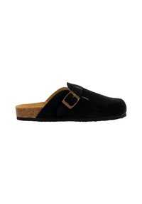 Zoccolo in suede nera con un sottopiede in sughero e una fibbia regolabile marrone. Forma curvata, design aperto sul retro, superficie testurizzata.