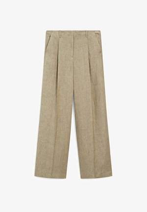 Hellbeige, weit geschnittene Hose mit Falten, ausgestattet mit zwei seitlichen Taschen und einem strukturierten Leinenmischgewebe.