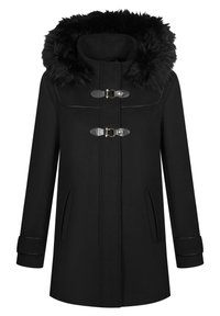 Svart kappa med huva i konstpäls, knäppningar med togglar, två sidofickor och en skräddarsydd silhuett. Har en slät yta och kontrasterande accenter.