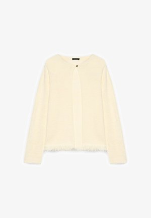 Crèmekleurige gebreide cardigan met lange mouwen, ronde hals, enkele knoopsluiting bovenaan en franjes aan de zoom.