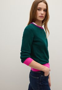 Maglione verde lavorato a maglia con polsini e fascia in vita rosa, scollatura rotonda, maniche lunghe, esposto su uno sfondo neutro.