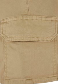 Beige kravu šorti ar sānu kabatu ar vāku, izgatavoti no kokvilnas auduma, ar redzamām šuvēm un gludu tekstūru.