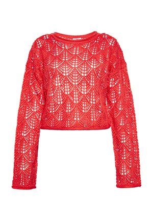 Hæklet sweater i klart rød, med lange ærmer, rund halsudskæring og et åbent blonde mønster med en cropped pasform.