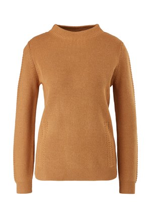 Rippensweater mit langen Ärmeln in warmem Braun. Runder Ausschnitt mit strukturierten Details an den Seiten. Weicher Strickstoff mit lockerer Passform.