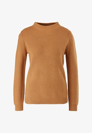 Geribbelde, lange mouwen trui in warm bruin. Ronde halslijn met textuurdetails aan de zijkanten. Zacht breiwerk met een relaxte pasvorm.